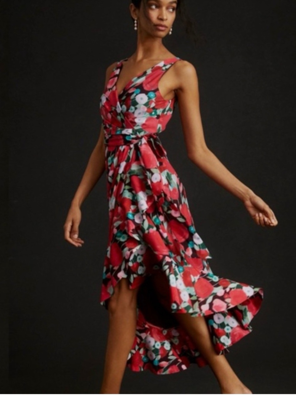 Hutch Floral Wrap Asymmetrical Dress Ruffles V Neck Size Medium